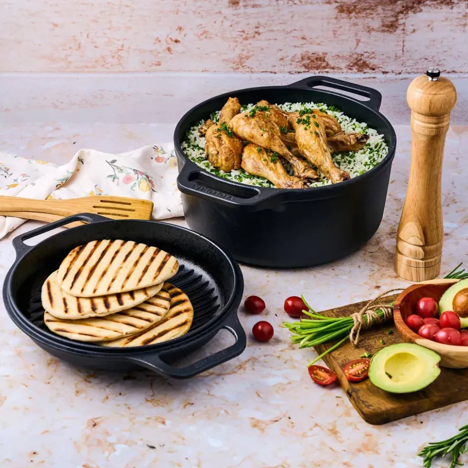 Gryta och grillpanna gjutjärn pre-seasoned, 2 delar